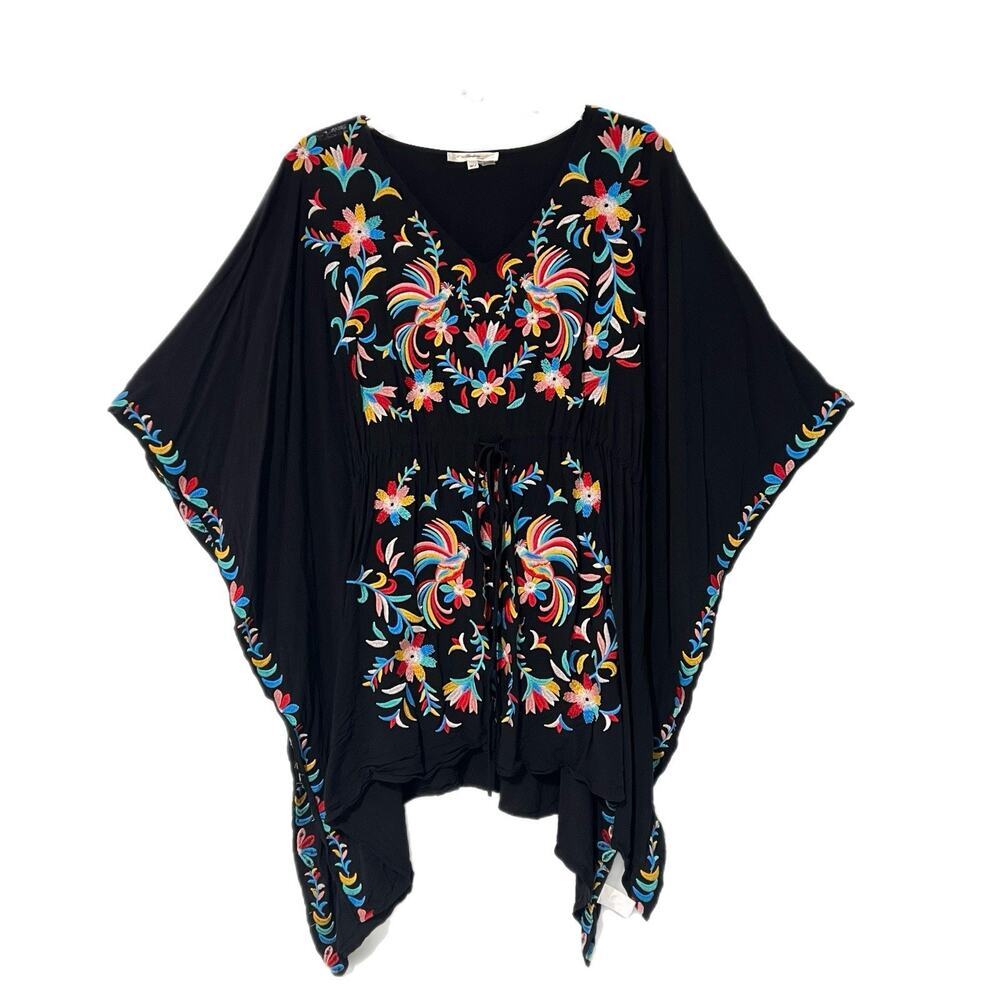 Andree by Unit Women L Embroidered Boho Cover Up Tunic Top Drawstring Waist